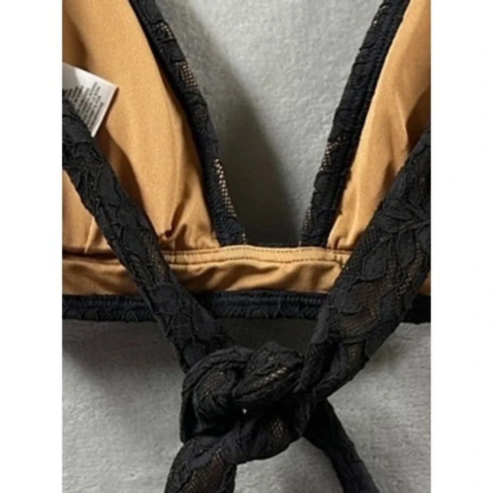 NWT Michael Kors Bikini Top Women Black Tan Lace Triangle Front Tie Sz S $94